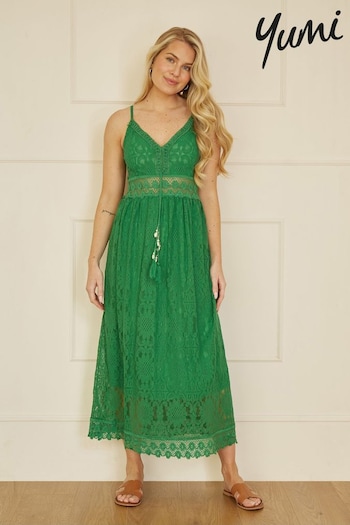 Yumi Green Lace Midi Sundress jersey With Tassel Tie and Ruched Back (E21178) | £50