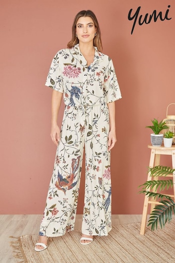 Yumi White Viscose Bird And Floral Print Wide Leg Trousers (E21179) | £40