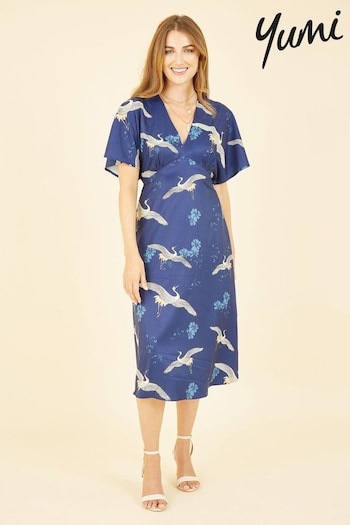 Yumi Blue Crane Print Kimono Midi Dress (E21181) | £50