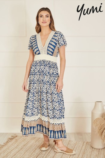 Yumi Blue Viscose Leaf Print Maxi Dress Iuga With Lace Trim (E21184) | £55
