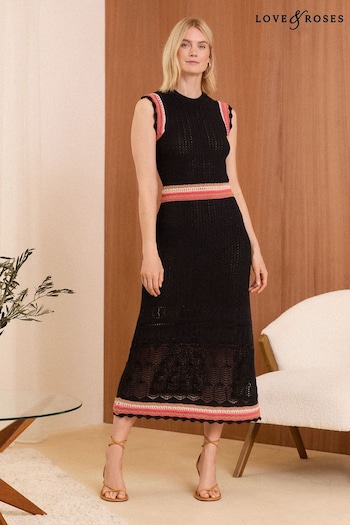 Naomi Asymmetrical Short Sleeve Dress with Wide Neck Opening Black Sleeveless Crochet Stitch Knitted Midi Dress (E21209) | £52