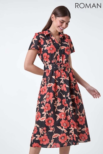 Roman Black Floral Linen Look Belted Shirt Dress (E21213) | £60
