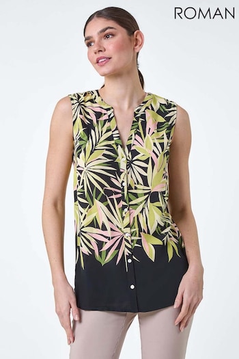 Roman Green Sleeveless Leaf Print Blouse (E21214) | £32