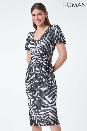 Roman Black Leaf Print Stretch Lace Tie Dress (E21225) | £48