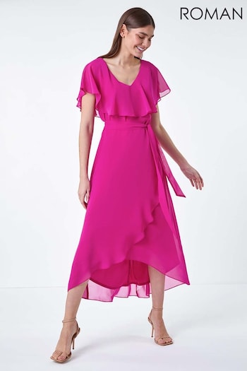 Roman Pink Plain Chiffon Midi Wrap Dress (E21227) | £65