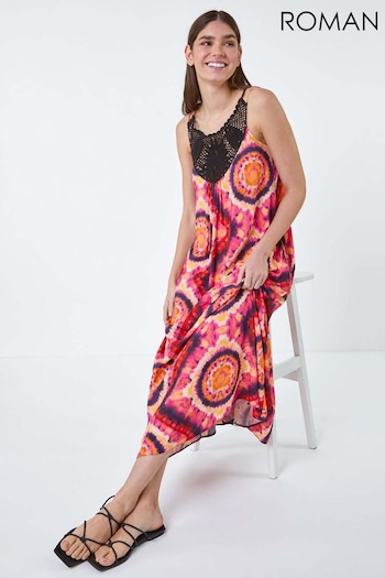 Roman Pink Tie Dye Crochet Detail Pocket Midi Dress (E21237) | £48