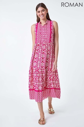Roman Pink Geometric Border Print Midi Dress (E21239) | £45