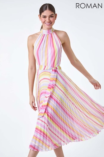 Roman Multi Stripe Print Pleated Midi Dress (E21446) | £75