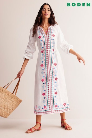 Boden White Petite Embroidered Belted Linen Dress (E22188) | £210