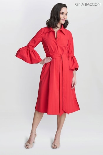 Gina Bacconi Red Melinda Taffeta Shirt Dress (E22322) | £320