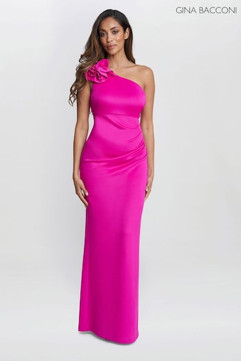 Gina Bacconi Pink Agatha 3D Flower Detailed One Shoulder Maxi Dress (E22343) | £250