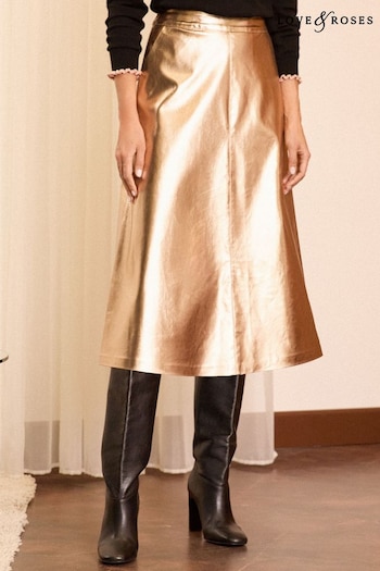 Love & Roses Gold Faux Leather Fit and Flare Midi Skirt (E22647) | £50