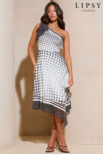 Lipsy Black and White Polka Dot One Shoulder Bow Asymmetricalmetrical Midi Dress (E22661) | £78