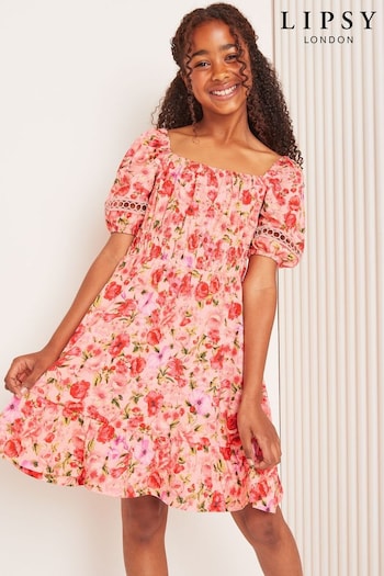Lipsy Pink Floral Square Neck Jersey Crinkle Dress (E22744) | £25 - £33