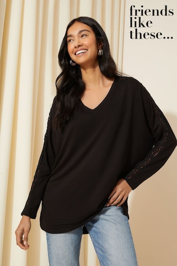 Friends Like These Black Crochet Petite Soft Jersey V Neck Long Sleeve Tunic Top (E22935) | £27