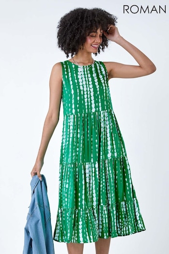 Roman Green Tie Dye Print Sleeveless Smock clothing Dress (E23033) | £42