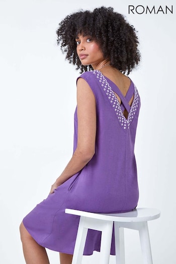 Roman Purple Cotton Blend Embroidered Pocket Shift Dress och (E23044) | £45