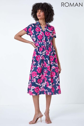 Roman Pink Floral Linen Look Belted Shirt Dress (E23049) | £60