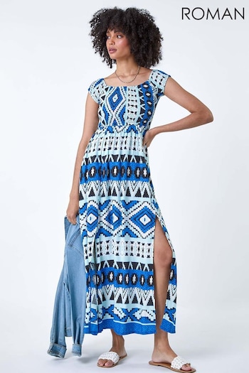 Roman Blue Aztec Shirred Bardot Maxi Dress ss16 (E23057) | £40