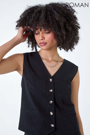 Roman Black Linen Blend Button Through Waistcoat (E23062) | £44