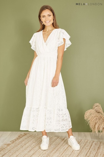 Mela White Cotton Broderie Anglaise Wrap Midi Dress (E23447) | £65