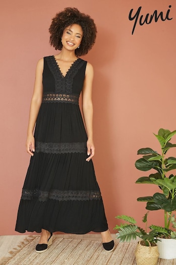Yumi Black Lace Trim Cotton Midi Sun Dress (E23448) | £58