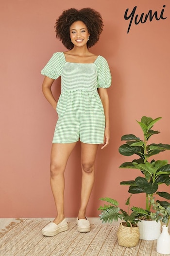 Yumi Green Cotton Gingham Puff Sleeve Playsuit (E23450) | £45