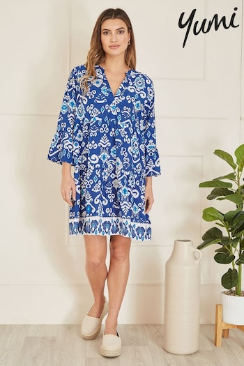 Yumi Blue Ikat Print 3/4 Sleeve Tunic Dress (E23452) | £40