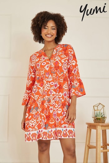 Yumi Orange Ikat Print 3/4 Sleeve Tunic Dress (E23453) | £40