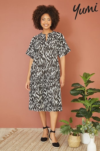 Yumi Black Organic Cotton Animal Print Tiered Tunic Dress (E23459) | £50