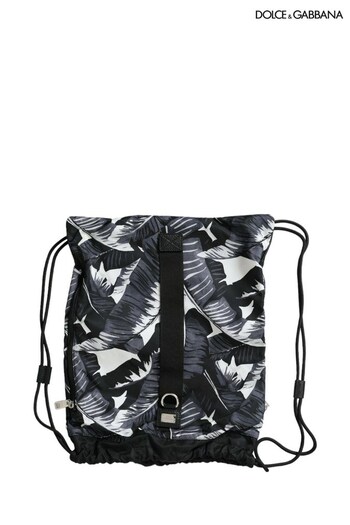 Dolce & Gabbana Leaf Print Polyester Drawstring Black Backpack (E23477) | £435