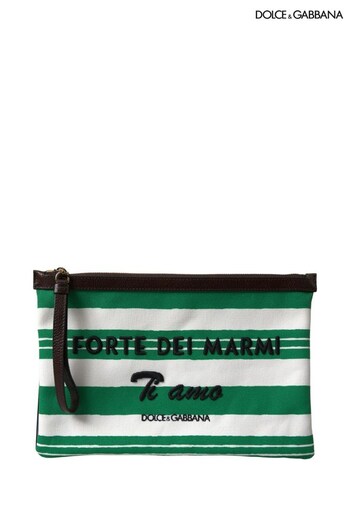 Dolce & Gabbana Green Striped Wristlet Pouch with Logo Detailing and Zip Closure (E23480) | £280