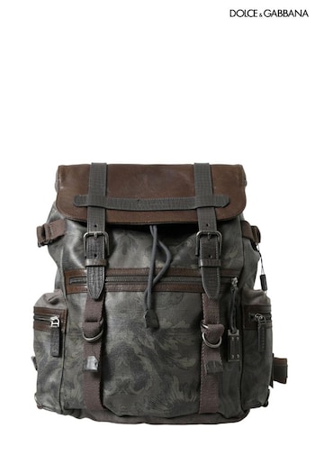 Jewellery & Watches Green Canvas Leather Backpack with Buckle Closure and Silver Detailing (E23481) | £860