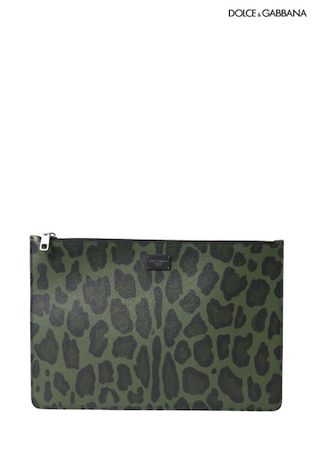 Dolce & Gabbana logo-plaque cufflinks Green Leopard Print Clutch Bag with Logo Patch and Metal Detailing (E23483) | £375