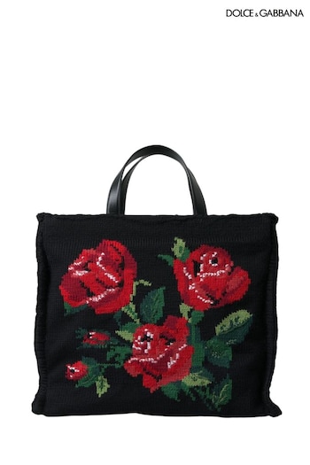DOLCE & GABBANA SNEAKERS WITH LOGO PATCH Floral Embroidered Tote Black Bag with Gold Metal Detailing (E23484) | £3,155