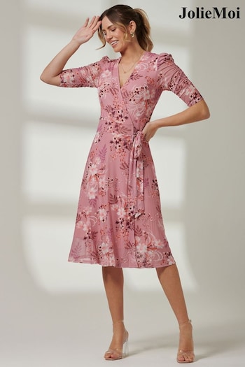 Jolie Moi Pink Front Wrap Mesh Midi Dress (E23577) | £55
