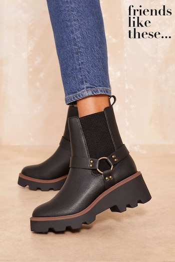 Friends Like These Black Wedge Heel Biker Faux Leather Ankle Boots (E23616) | £45