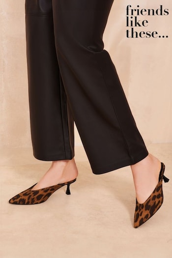 Friends Like These Brown Leopard Kitten Heel Pointed Toe Mule Faux Suede Court Shoes (E23644) | £36