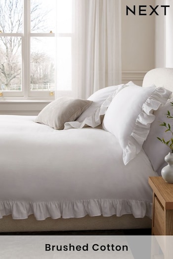 White 100% Cotton Supersoft Brushed Frill Duvet Cover and Pillowcase Set (E23651) | £28 - £58