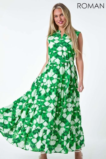 Roman Green Abstract Tiered Button Maxi Dress (E23673) | £50