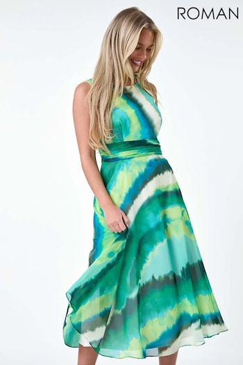 Roman Green Sleeveless Abstract Print Midi Dress (E23679) | £60