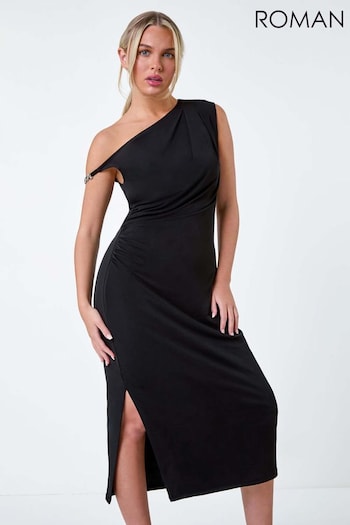 Roman Black Twist Detail Ruched Stretch Dress (E23682) | £55