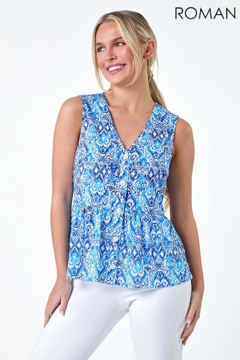 Roman Blue Aztec Print Stretch Peplum Top (E23691) | £30