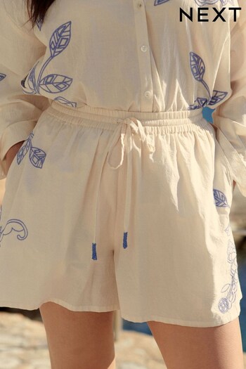 Cream/Blue 100% Cotton Embroidered Coord Pull On Shorts (E23703) | £32