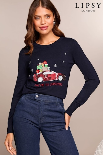 Lipsy Navy Blue Car Christmas Slogan Crew Neck Knitted Jumper (E23876) | £32