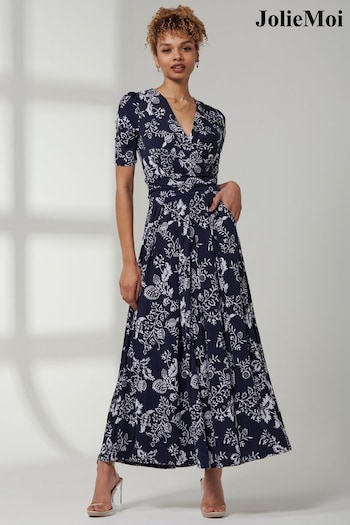 Jolie Moi Blue V-Neck Short Sleeve Maxi Dress (E23890) | £60