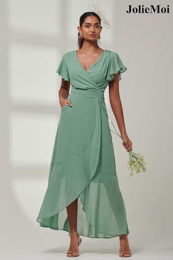 Jolie Moi Green Vicky Chiffon Frill Maxi Dress (E23901) | £75
