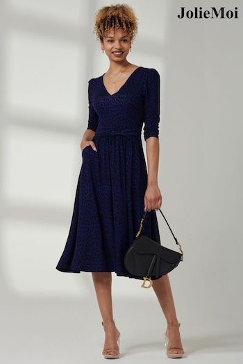 Jolie Moi Blue V-Neck Fit & Flare Jersey Midi Dress (E23902) | £55