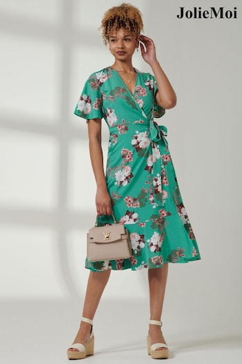 Jolie Moi Green Angel Sleeve Front Wrap Midi Dress (E23903) | £55
