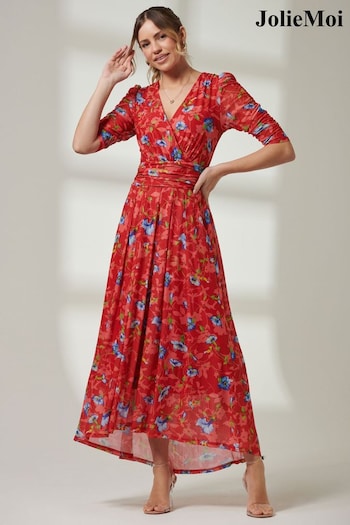 Jolie Moi Red V-Neck Short Sleeve Mesh Maxi Dress (E23904) | £60